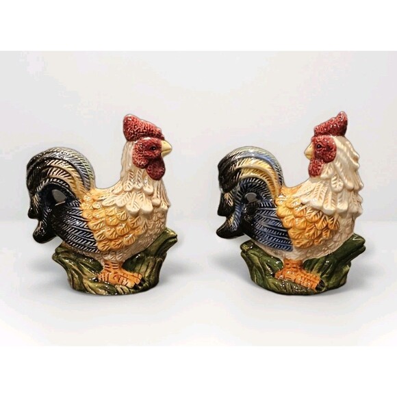 🧂 Vintage Jay Imports Glazed Ceramic Farmhouse Roosters Salt/Pepper Shaker Set - Picture 5 of 8
